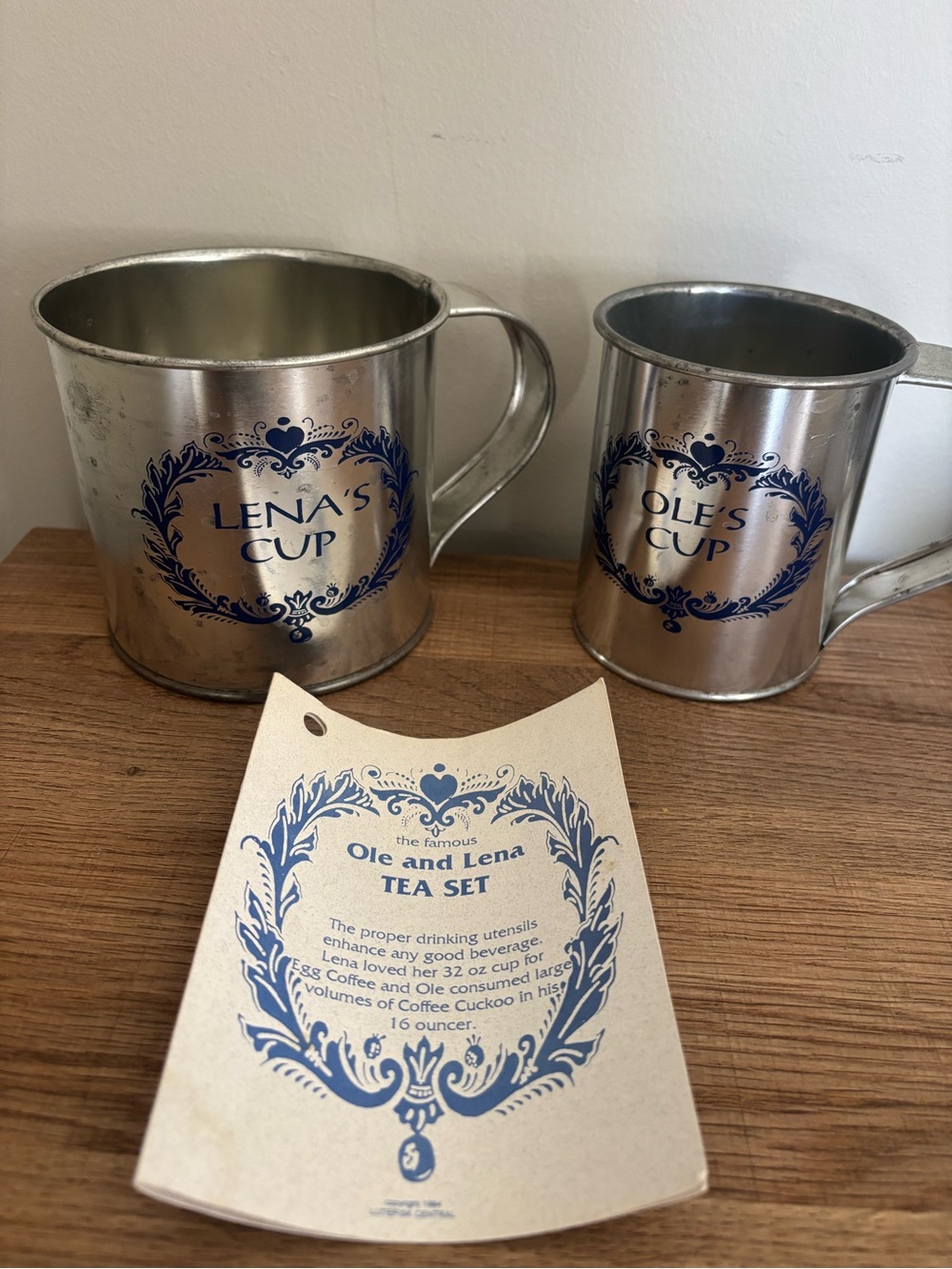 Vintage Ole's Cup & Lena's Cup Metal Mugs - Blue Cottage Tea Set